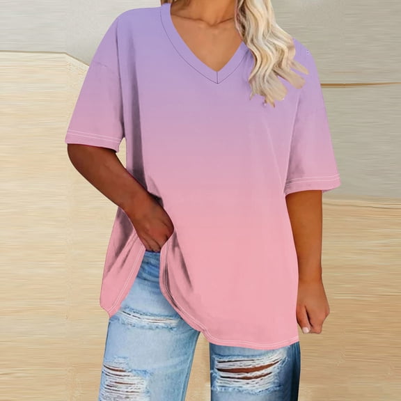 Ounisa Oversized Tshirts for Women V Neck Summer Short Sleeve Casual Loose Tunic Tees
