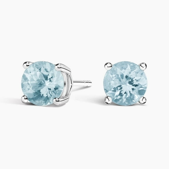 14k White Gold Round Created Aquamarine Stud Earrings, 4MM Women Plated by Paris Jewelry