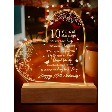 10th Anniversary Acrylic LED Night Light – Heart Marriage Keepsake Happy Years of Marriage Gift for Wife Husband Girlfriend Boyfriend