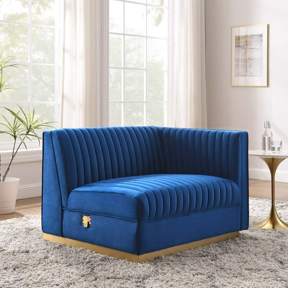 Modway Sanguine Channel Tufted Performance Velvet Modular Sectional Sofa Right-Arm Chair in Navy Blue