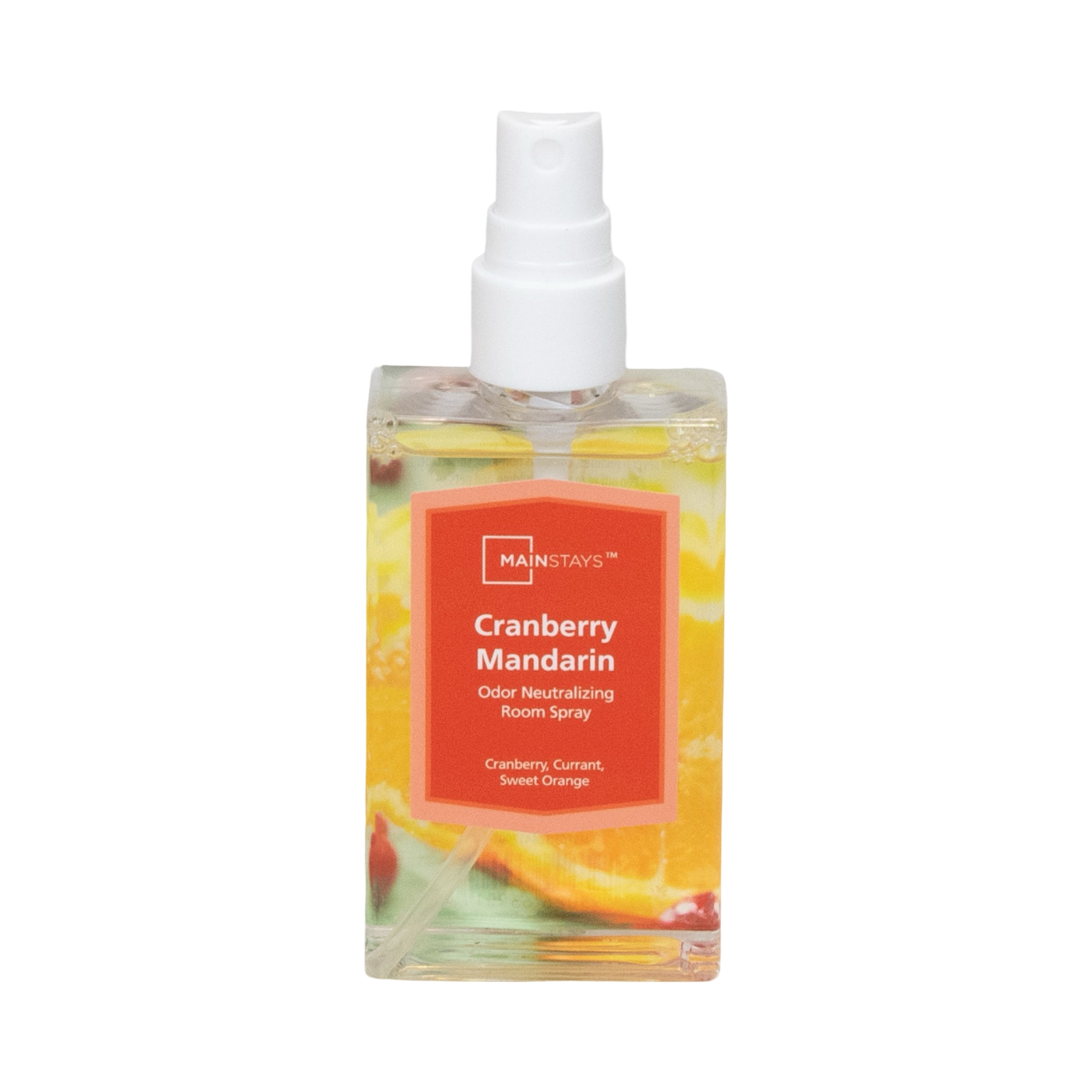 Mainstays Mandarin Cranberry Scented Room & Linen Spray 3.4 fl oz (100mL).