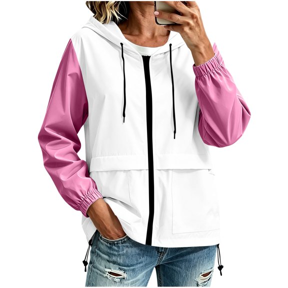 DeHolifer Women's Rain Jacket Lightweight Windbreaker Drawstring Full Zipper Outwear Jacket with Hood Hot Pink M