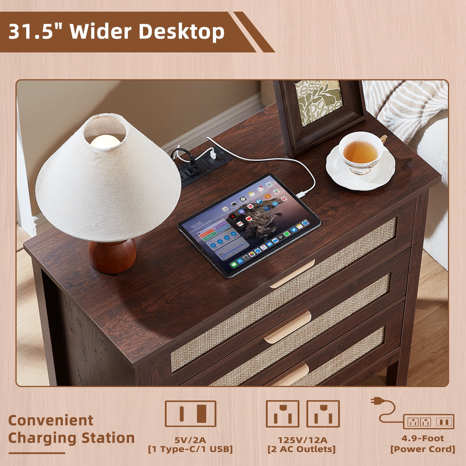 2 Pcs Leyaoyao 3-Drawer Storage Nightstand with Charging Station, 31.5" Wide Rattan Bedside Table, Boho Storage Cabinet with Shelf for Bedroom, Living Room, Walnut