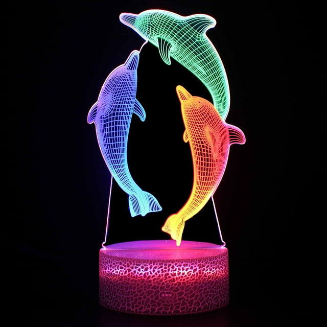 Luz nocturna LED 3D con forma de delfines que cambian de color para niños