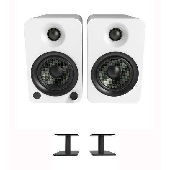 Kanto YU4MW 140W Bookshelf Speakers with Bluetooth - Matte White (Pair) with Kanto SP6HD 6" Fixed-Height Desktop Stands for Bookshelf Speakers - Black (Pair) (2022)