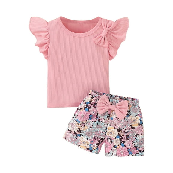 Povozer Girls Summer Clothes 2 Piece Baby Girl Clothes Summer Outfits Set Ruffle Sleeve Romper and Floral Shorts for 18-24 Months,Pink