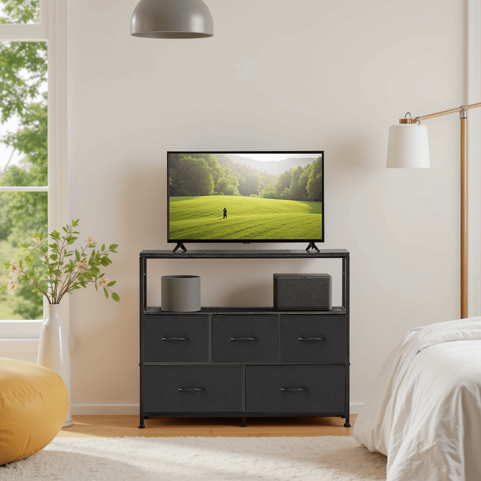 TINKLE WELL Storage dresser TV stand with 5 Fabric Drawers and Wood Open Shelf, Media Console Organizer for 45'' TV, Ideal for Living Room, Bedroom, or Apt, Black