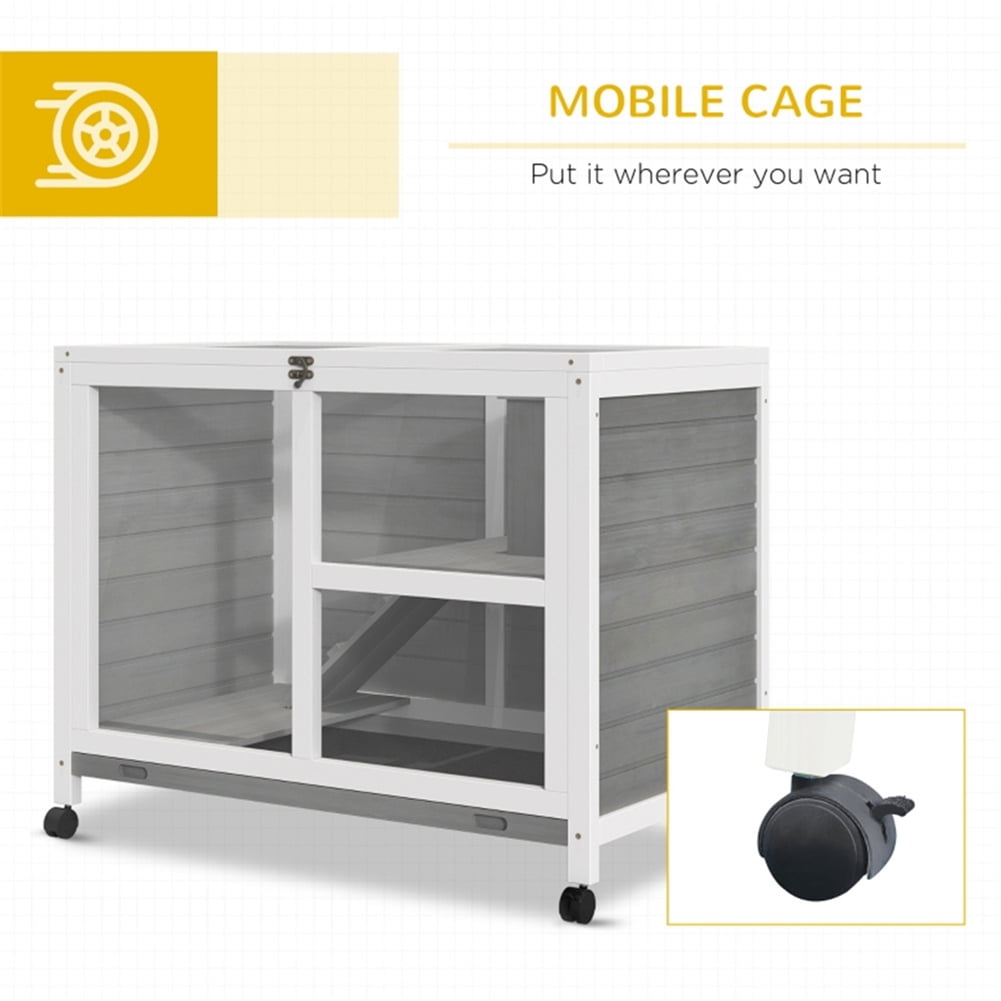 Kepooman 2 Tier Solid Wooden Rabbit Cage with 2 Transparent Rooms for Real Time Observation of Pet Status, Indoor Outdoor Rabbit Cage Guinea Pig Cage Small Animal Pet House, Gray