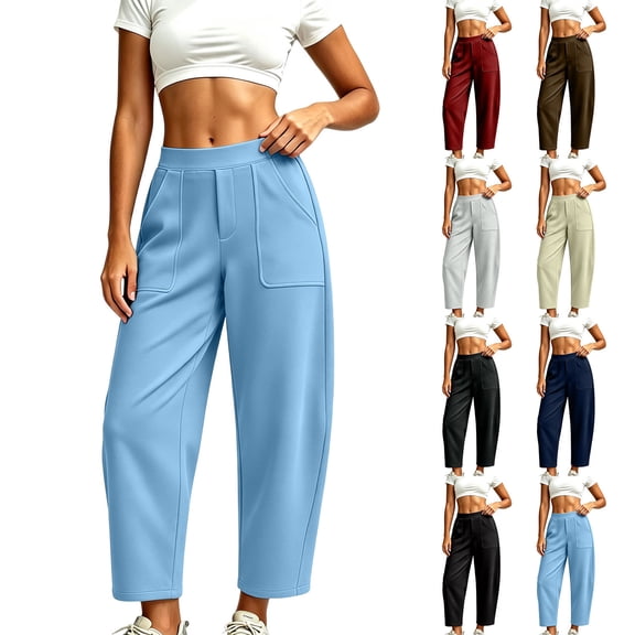 Barrel Sweatpants for Women, High Rise Comfort Waist Wide Leg Ankle Length Pants with Pockets, Womens Fall Outfits | VerBelle,Black L