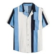 thumbnail image 1 of Camisas De Vestir Para Hombre Manga Larga Tops de informales de lino y algodón para hombre, camisa de solapa a rayas con bolsillo y botones de manga corta con estampado de verano (Blue, L), 1 of 6
