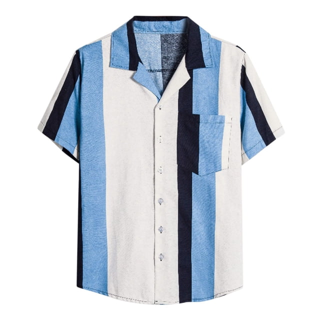 Camisas De Vestir Para Hombre Manga Larga Tops de informales de lino y algodón para hombre, camisa de solapa a rayas con bolsillo y botones de manga corta con estampado de verano (Blue, L)