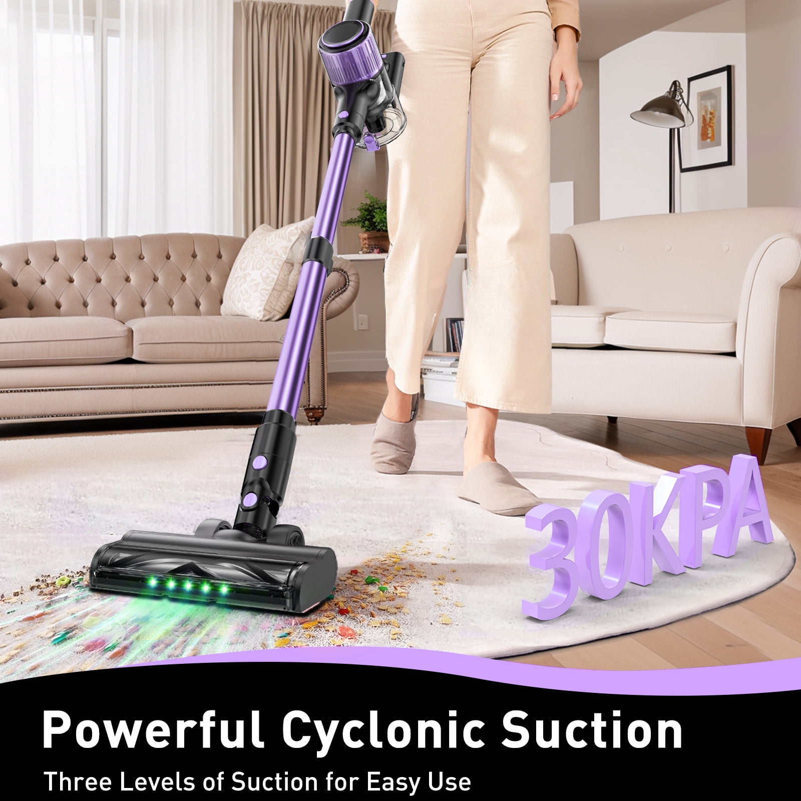 A27 Cordless Vacuum Cleaner, Stick Vacuum with Powerful Suction, Hose, Green LED Light, Anti-Tangle Brush, Lightweight Rechargeable Vacuum Cleaner for Home, Hardwood Floors, Carpets,Purple