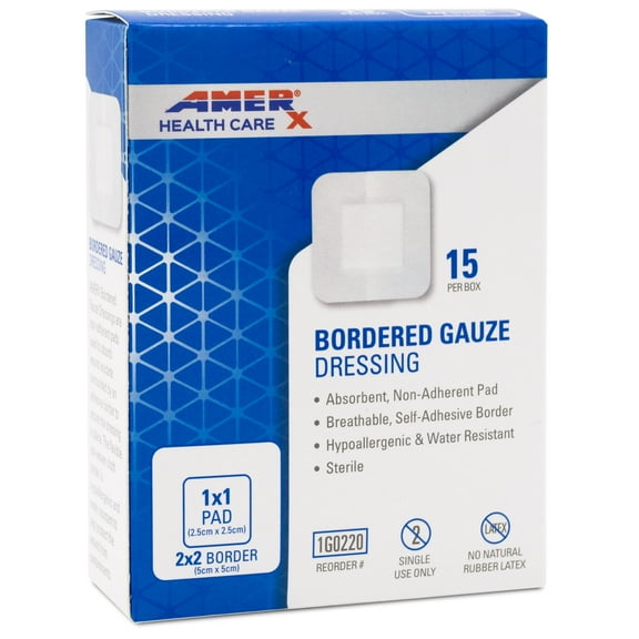 AMERX Bordered Gauze (2x2) – 15 Self-Adhesive Bandages/Box | Water Resistant | Hypoallergenic