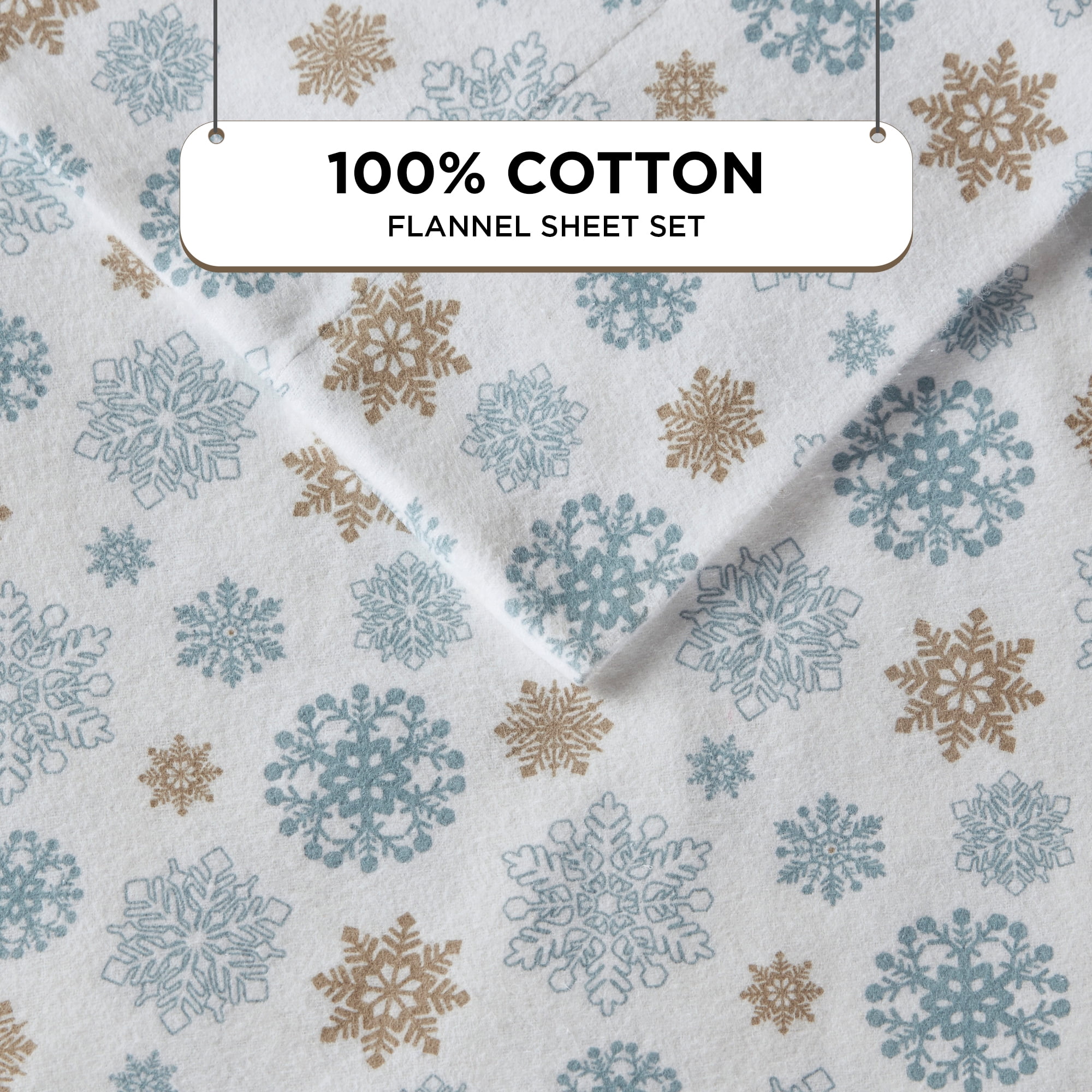 Regency Heights Full Size Cotton Flannel Sheet Set, 4-Piece Flannel Bed Sheets Full, 100% Cotton Bed Sheets Set with Deep Pocket, Tan/Blue Snowflakes