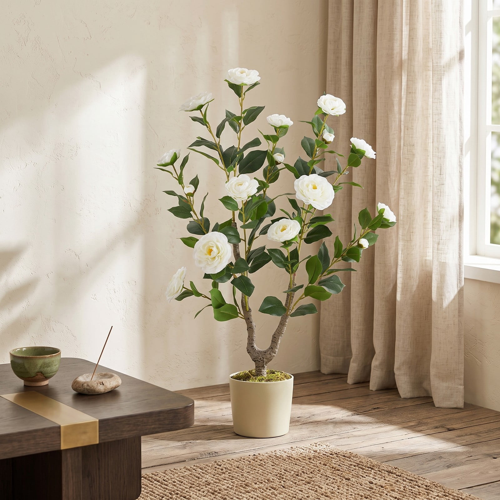 ALPULON 36 Inch Artificial Camellia Tree with Blooming Flowers, Set of 2 Faux Potted Camellia Plants with Cement-Filled Pots for Home Office Wedding Front Door, White