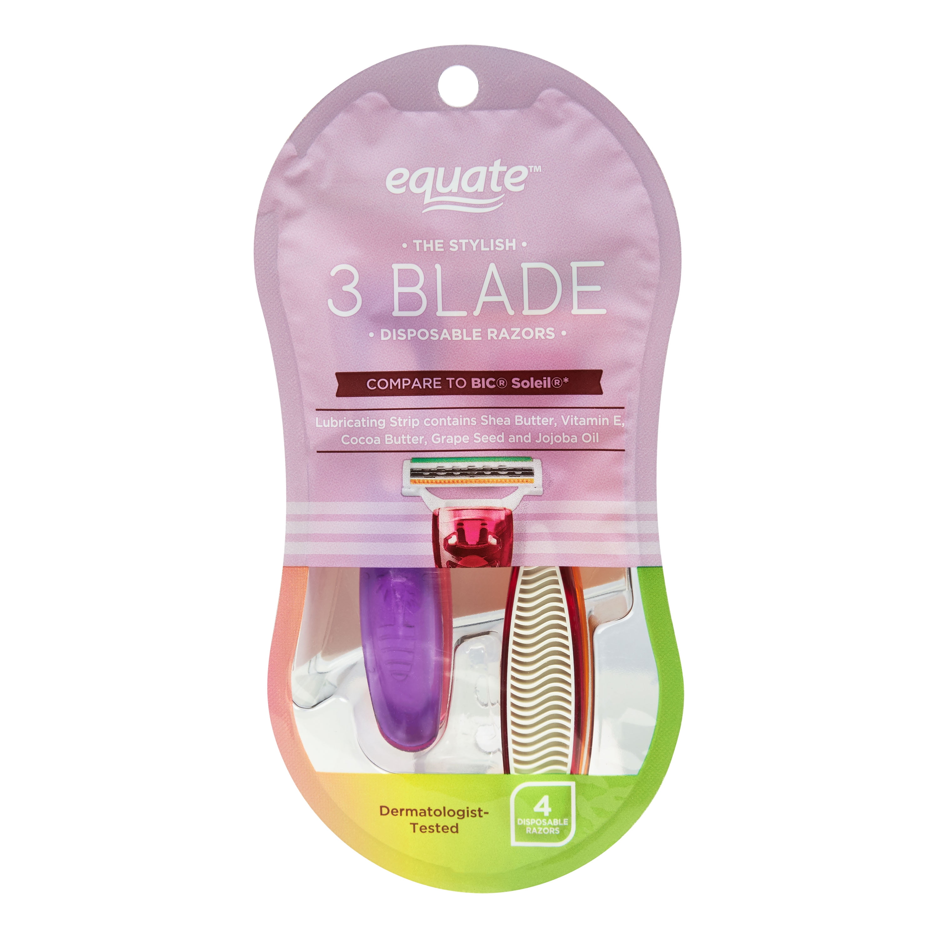 Equate Women's 3 Blade MultiColor Disposable Razor, 4 Ct