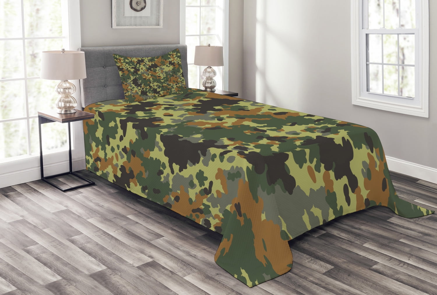 Camo Bedspread Set, Classical Germany Camouflage Pattern Forest Jungle