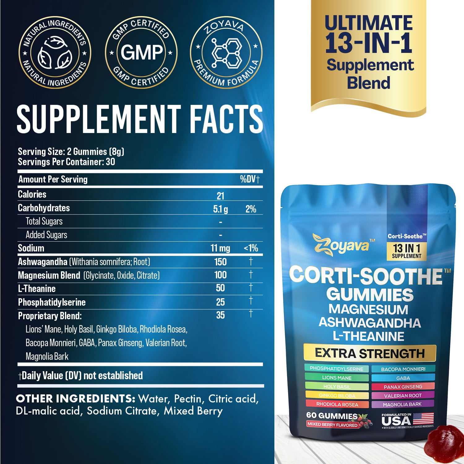 Zoyava Corti-Soothe Cortisol Supplement – Magnesium Glycinate, L-Theanine, Ashwagandha, Phosphatidylserine, Lion’s Mane, Ginkgo, Bacopa & Valerian Root – 60 Mixed Berry Gummies