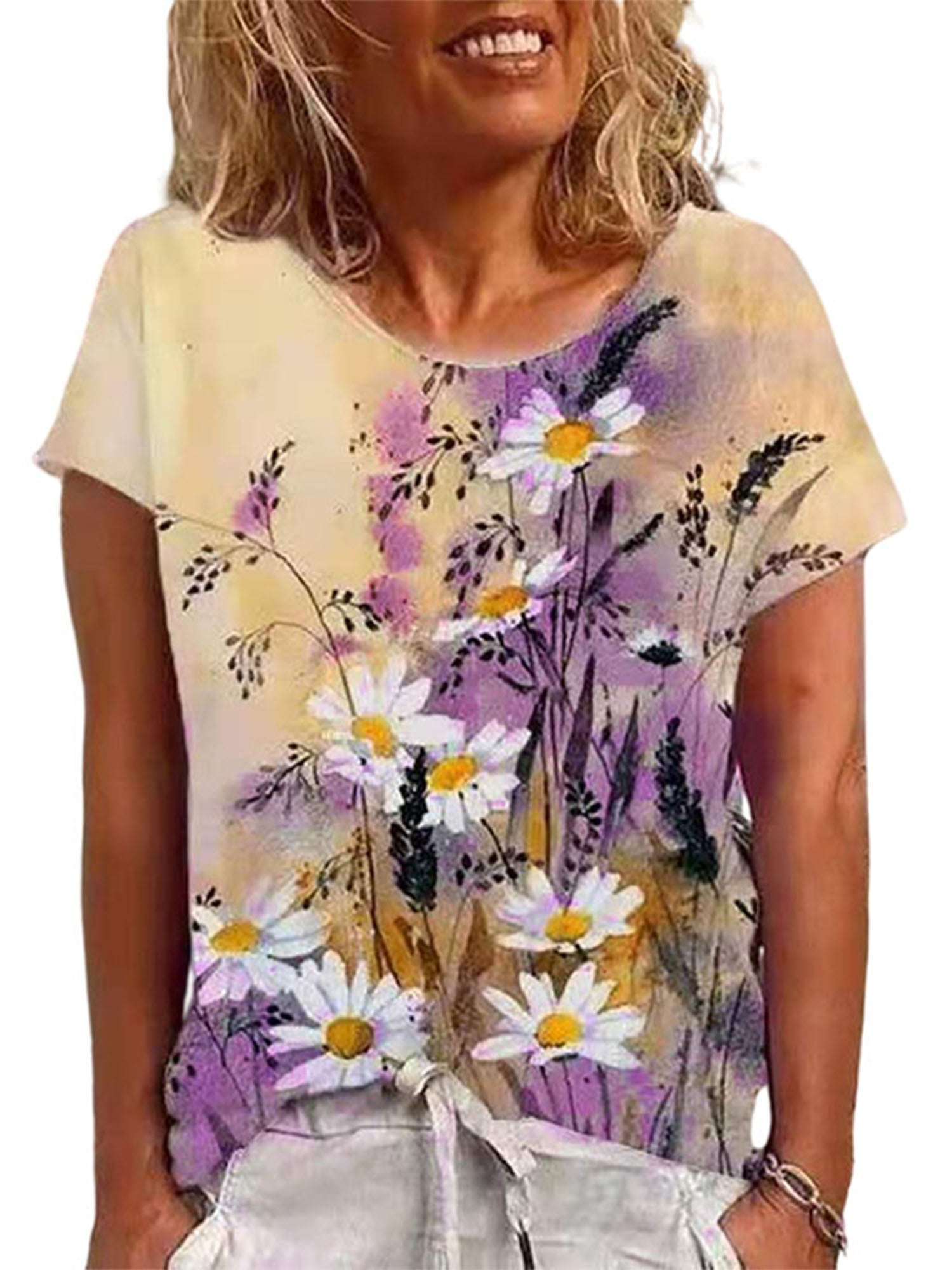 Summer Womens Ladies Casual Tops Blouse Short Sleeve Crew Neck Floral T-Shirt US