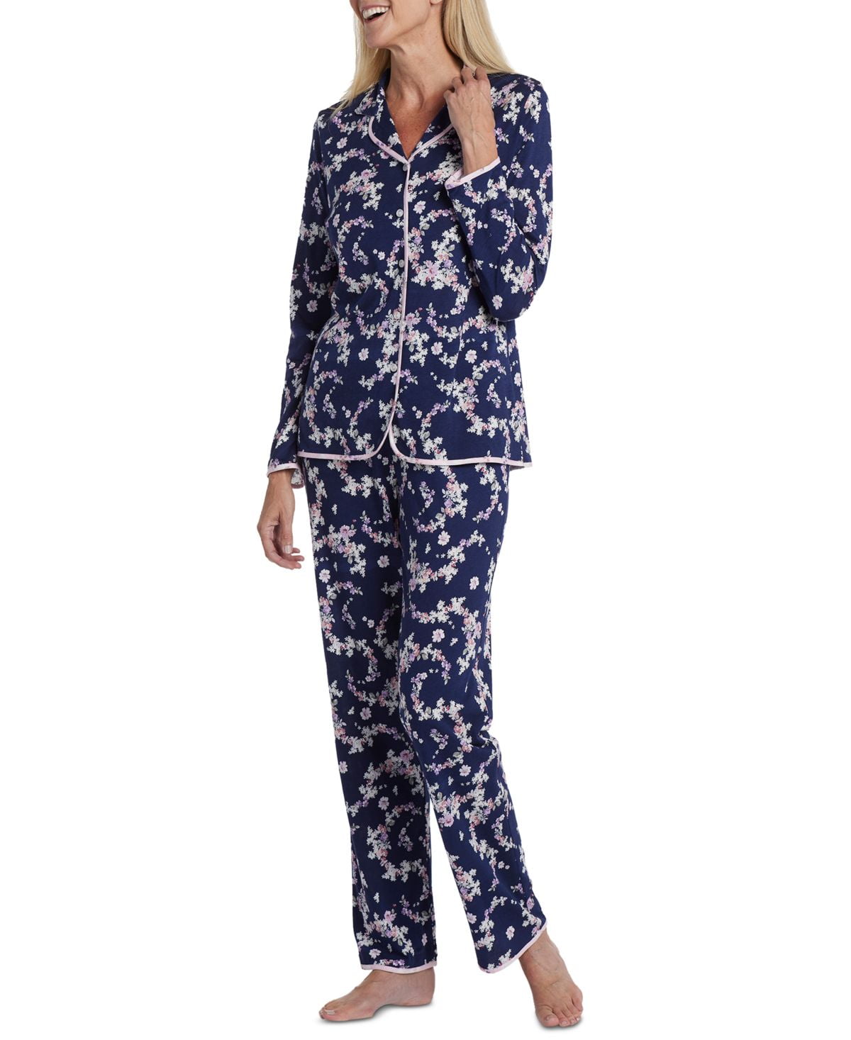 Miss Elaine Womens Floral-Print Notch-Collar Pajama Set - Walmart.com