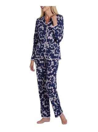 Miss Elaine Navy Brushed-Back Button-Up Satin Pajama Top