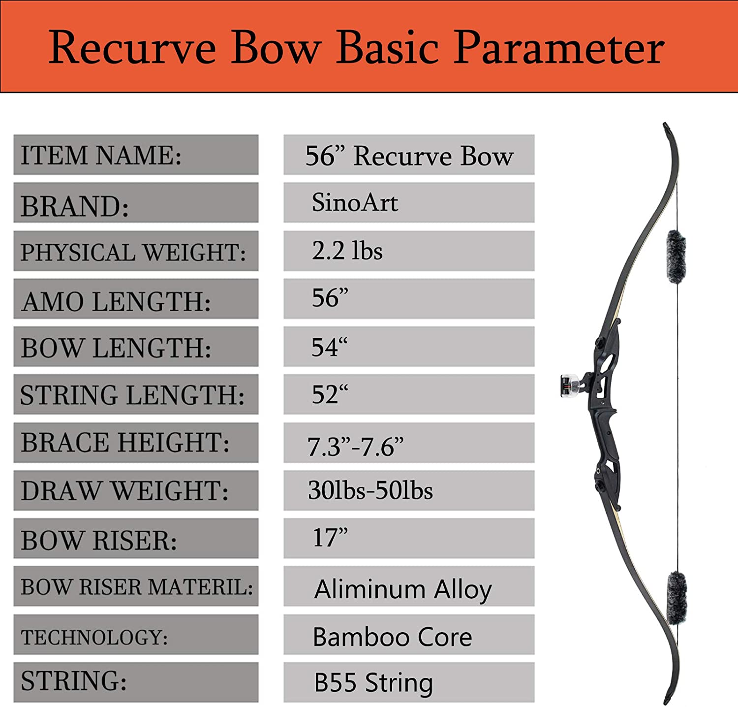 56" Recurve Bow with 30 Max Draw 30 35 40 45 50lb Draw Weight Right Hand Outdoor Hunting Bows Arrows Archery Set