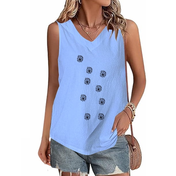 Fiudx Ofertas Flash Del Día Solo En Línea Camiseta con Botones y Cuello Redondo de Manga Corta con Estampado Pequeño Informal y de Lino para Mujer