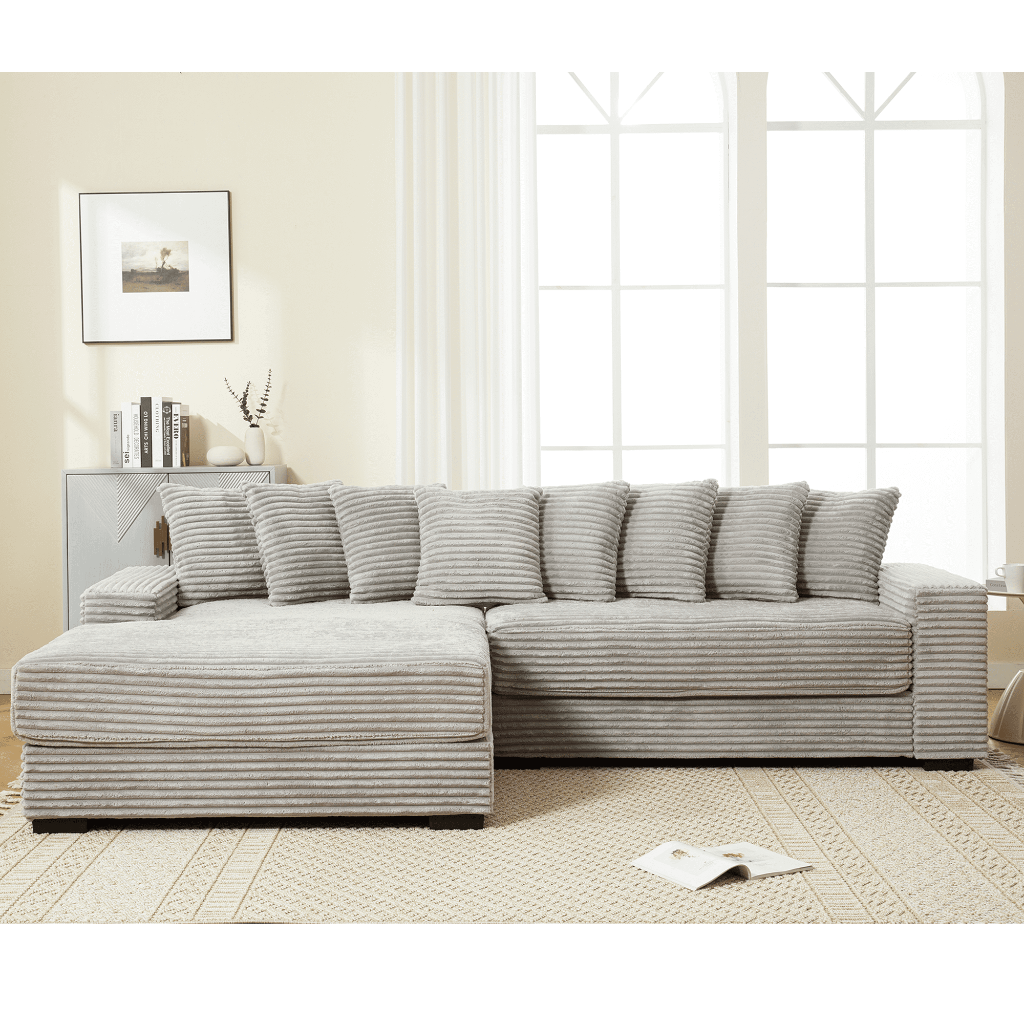 AISWORD 111" Oversized 3-Seat L-Shaped Sectional Sofa with Left Chaise, Luxury Corduroy Fabric Modular Couch with 8 Throw Pillows, Easy Assembly for Living Room
