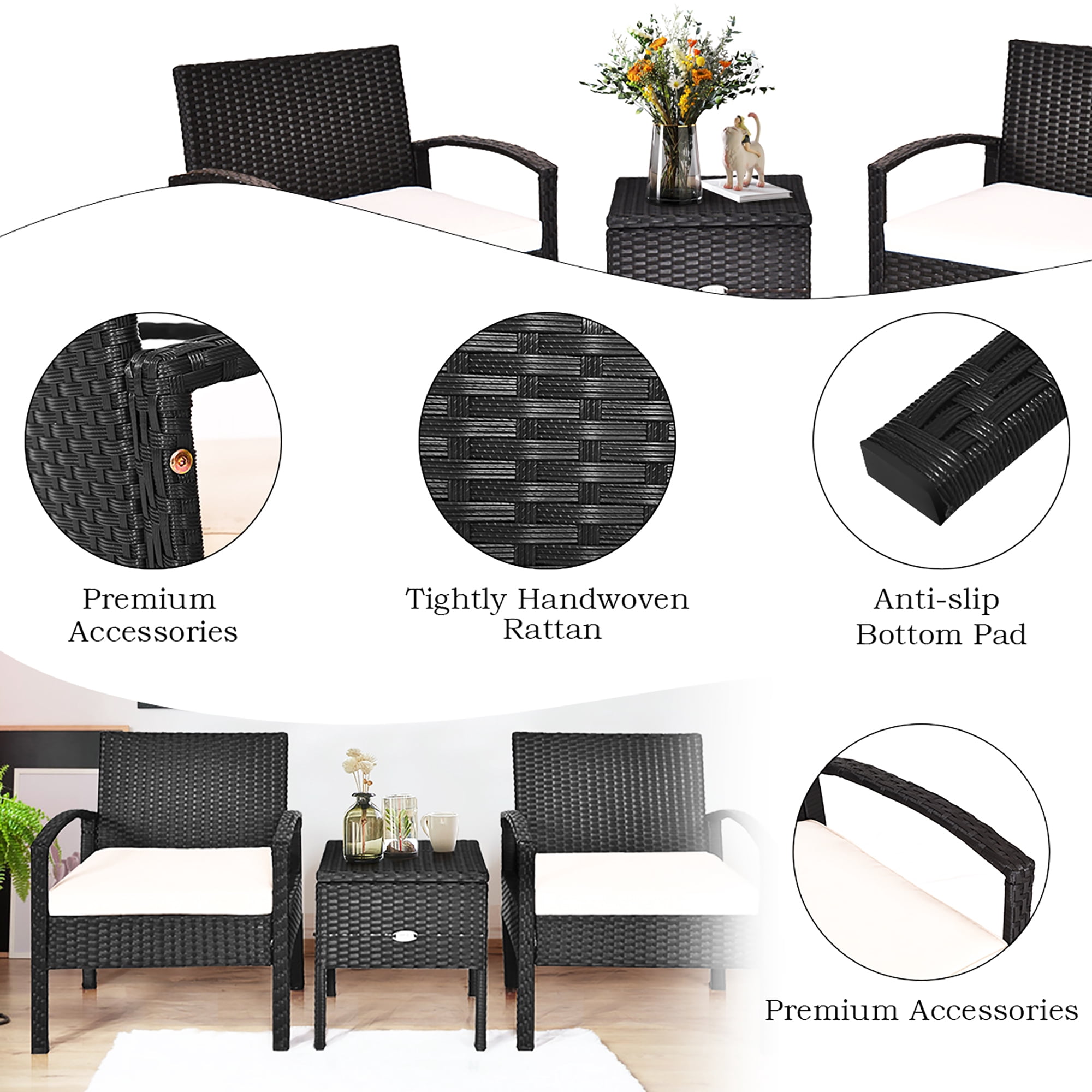 Costway 3PC Outdoor Patio Rattan Furniture Set Storage Coffee Table Cushioned Sofa White