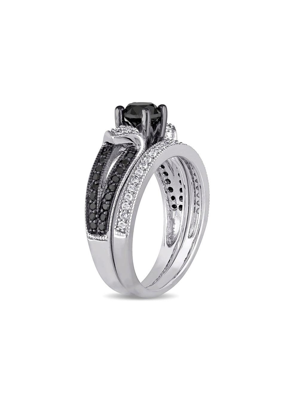 1.12 Carat (Ctw) Black Diamond Engagement Ring and Wedding Band Set in Sterling Silver for Women