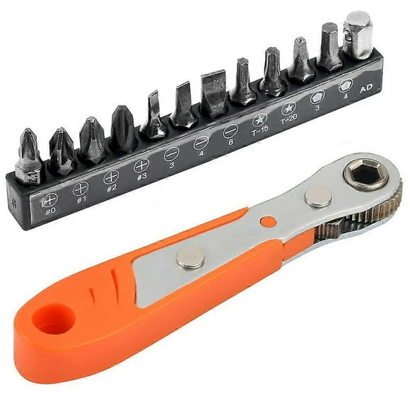 13 pieces, Phillips screwdriver, ratchet screwdriver, right-angle spanner front and back, set of slotted screwdriver bits