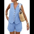 thumbnail image 1 of Conjuntos de Verano de 2 Piezas para Mujer, Sin Mangas, con Cuello en V, Abotonado, Chaleco y Pantalones Cortos con Bolsillos. Azul M, 1 of 9