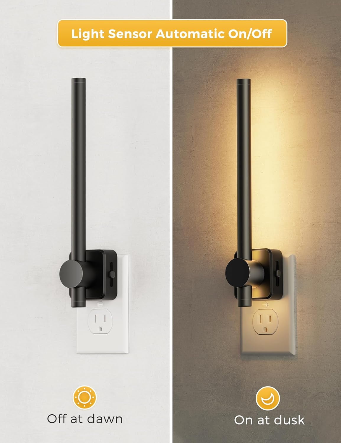 JJEAN-Night Light, Night Lights Plug into Wall, 0-200LM Bathroom Nightlight, Dusk to Dawn Sensor 2W Dimmable Nightlights, Soft White 3000K, Modern Black Night Light for Mirror Restroom, 1 Pack