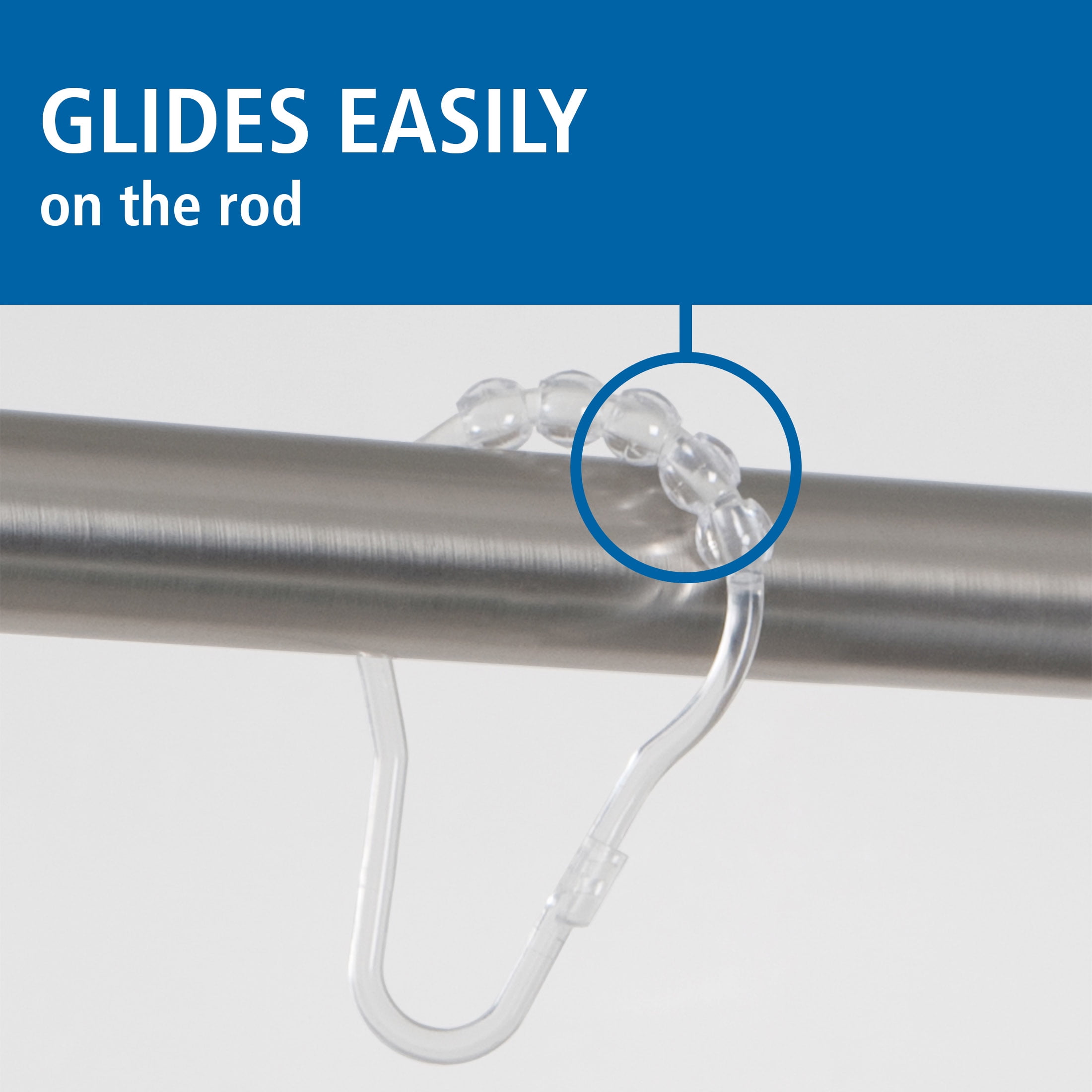 Mainstays Shower Curtain Rollerball Hooks, Easy Gliding, Clear, Set of 12