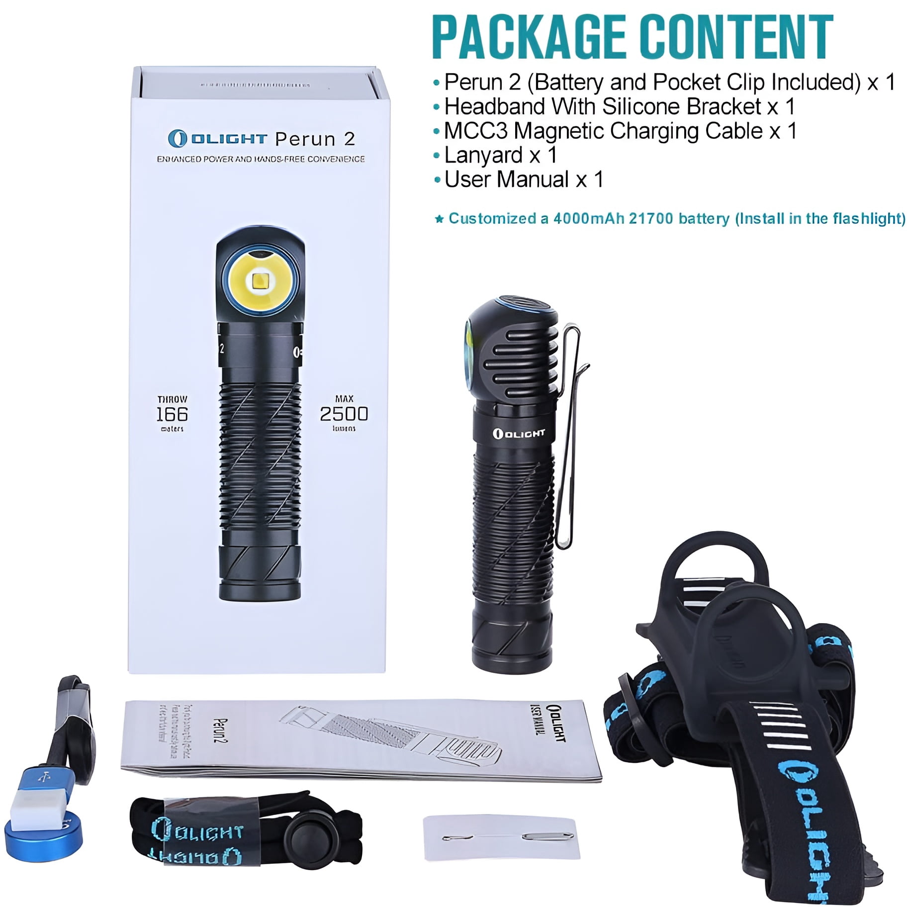 Olight Perun 2 2500 Lumens LED Rechargeable Headlamp, Black