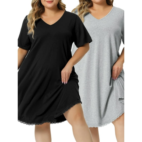 NOMADIC NOOK Women's Plus Size Pajama V Neck Lace Trim Hem Loose Packs Sleepwear