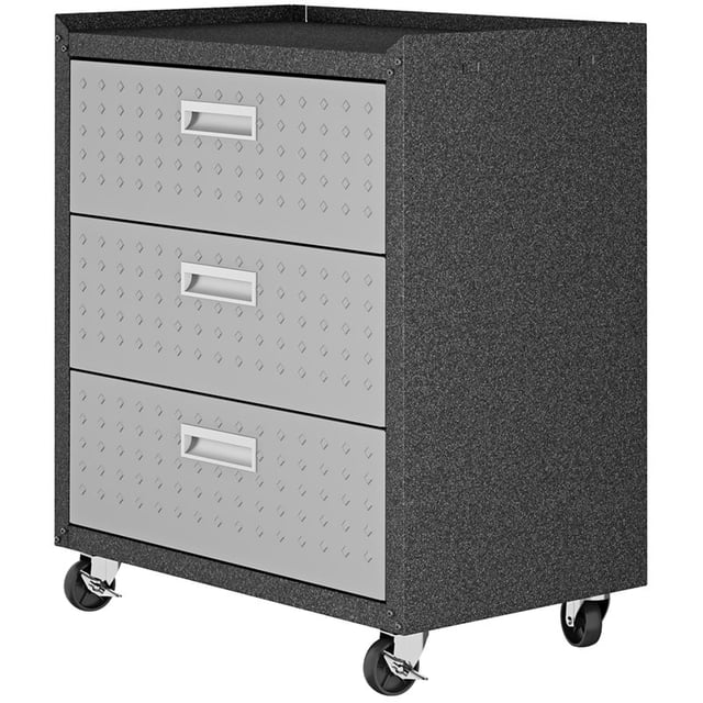 Manhattan Comfort Fortress Armoire de Garage Mobile à 3 Tiroirs Gris, en Acier durable avec une Finition Texturée en Forme de Losange. Comprend Trois Tiroirs à Extension Complète, des Poignées en Acier Encastrées et des Roulettes Pivotantes en Acier Inoxydable pour une Mobilité Facile. Conception Compacte Qui Passe sous la table de Travail Manhattan Comfort Fortress Garage. Idéal pour les Systèmes de Rangement de Garage et les Outils d'Organisation. surface à Dessus Plat Convenant au Travail Ou à l'Exposition.