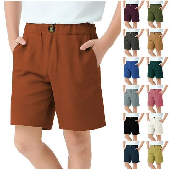 MKOSPLRT Kids Cotton Linen Bermuda Shorts with Pocket Elastic Waist Lounge Shorts Solid Color Baggy Knee Length Shorts 4-14 Years