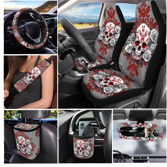 KUIFORTI Rose Skull Car Seat Covers Full Set Non Slip 15 Pack Automotive Rear Front Seat Protector Soft Easy Installation Comfortable Suitable for Cars, SUV and Trucks
