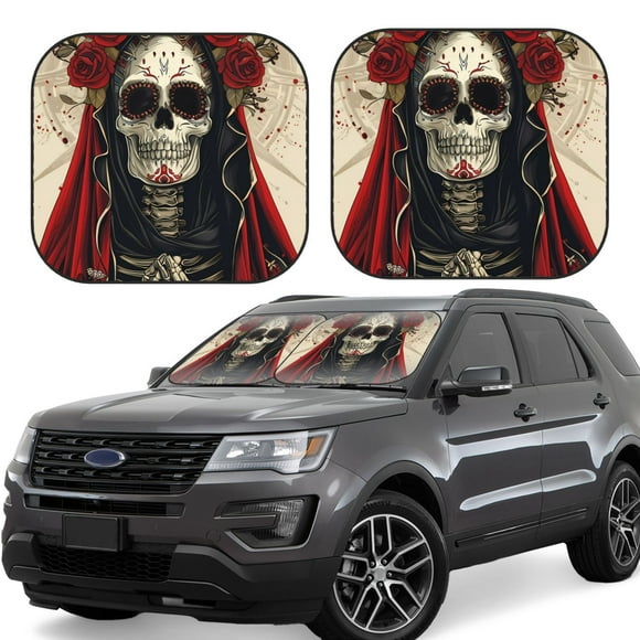 Vsdgher Gothic Skull With Roses Print Car Windshield Sun Shade, Reflective Sunshade Window Sunshade Sun Visor Protector Fit for Cars,Trucks,SUVs-Large