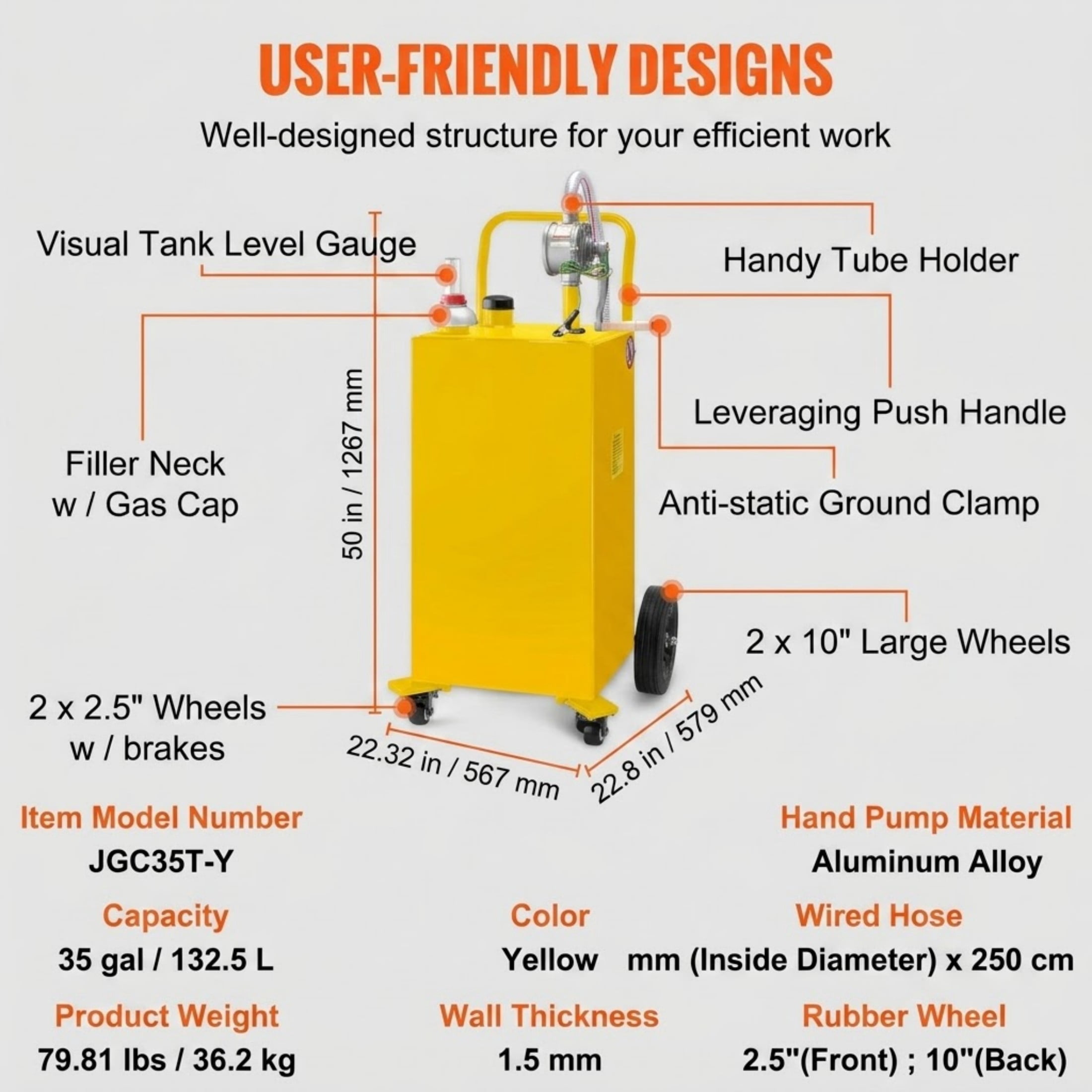 35 Gallon Fuel Caddy, Portable Gas Storage Tank on 4 Wheels with Manual Transfer Pump, Yellow Gasoline & Diesel Container