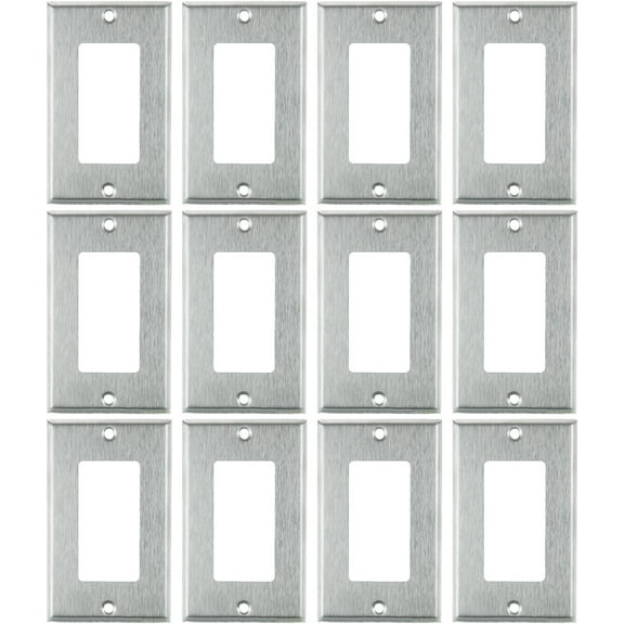Diodesy- Pack of 12 E301S 1 Gang Decorator Rocker Wall Plate with Matching Metal Screws, Single Light Switch and Receptacle Outlet Cover, Steel Gloss Finish, Unbreakable Round Edge Steel, UL Listed