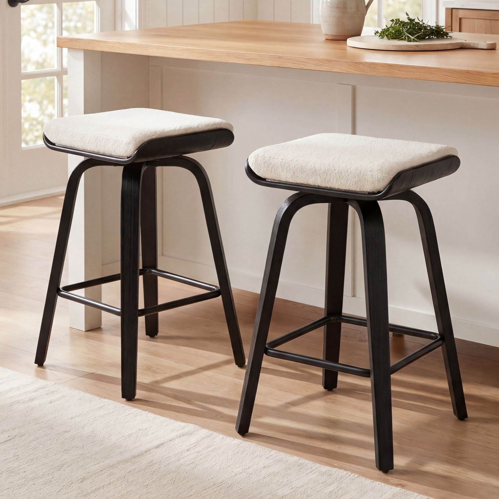 Guyou 26” Swivel Counter Height Bar Stools Without backrest, Upholstered Farmhouse Bar Stools with Footrest for Kitchen Island, White-Faux Sherpa(Set of 2)