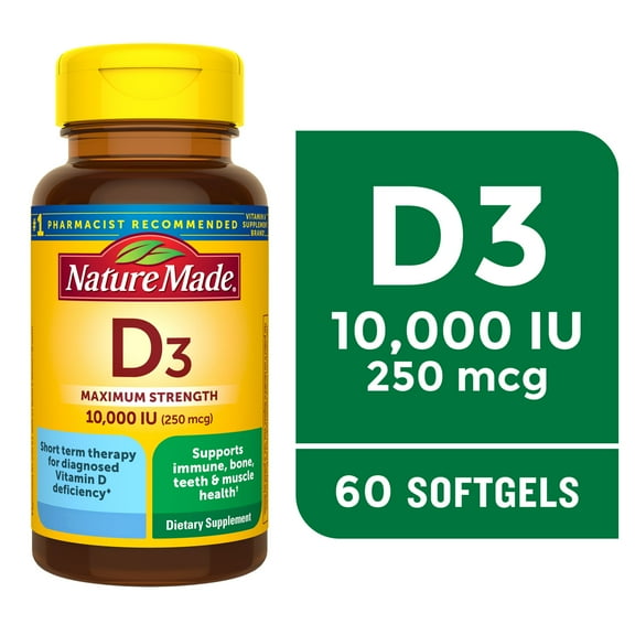 Nature Made Maximum Strength Vitamin D3 10000 IU (250 mcg) Softgels, Dietary Supplement, 60 Count