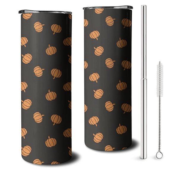 20oz Black Fall Pumpkin Pattern Skinny Tumblers Stainless Steel Tumbler with Lid and Straw,Vacuum Insulated Double Wall Travel Tumbler Cups with Cleaning Brush for Coffee,Tea