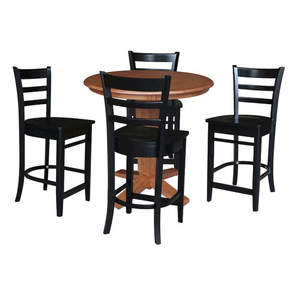 36" Solid Wood Round Top Pedestal Dining Table with 4 Counter Height Stools