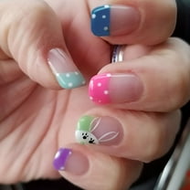 RAGUPEL Easter Press on Nails Short Square Petite French Tip Fake Nails Colorful Nail Tip Full Cover Bunny False Nails Glossy Glue on Nails Cute Acrylic Nails Artificial Nails for Girls Women