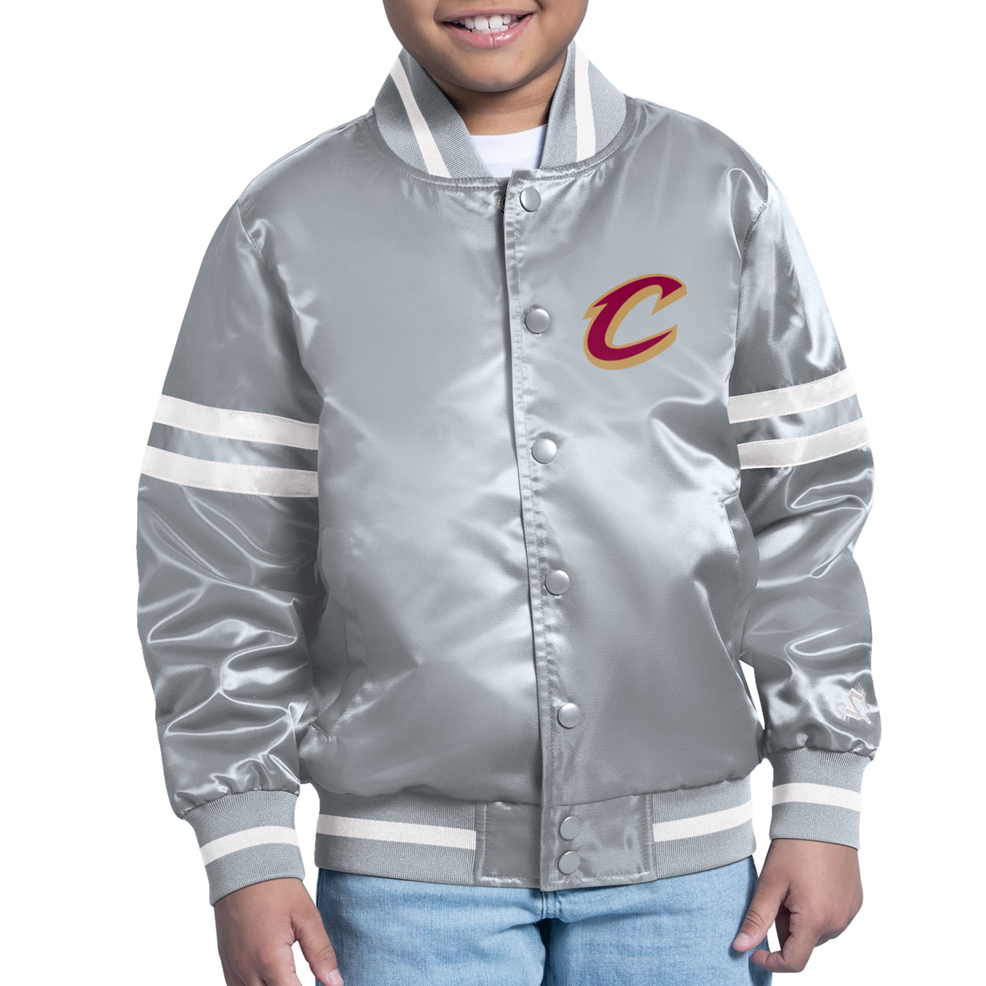 Youth Starter Gray Cleveland Cavaliers Comic-Style Satin Full-Snap Varsity Jacket