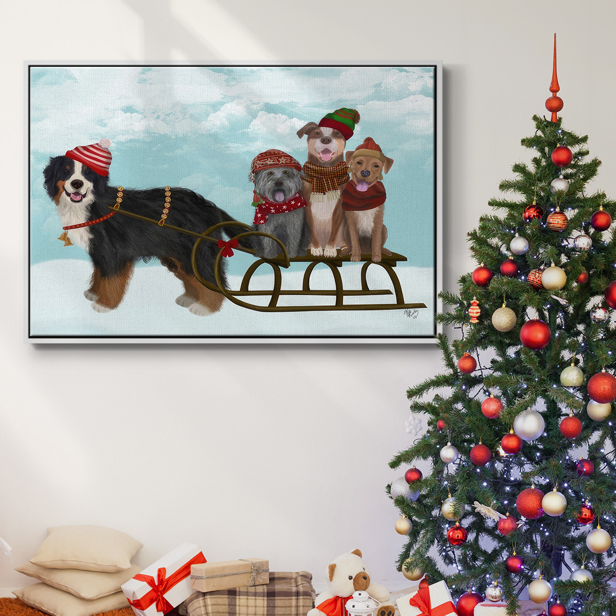 Christmas Mutt Sled - Framed Gallery Wrapped Holiday Canvas - 17 x 25 - White Frame