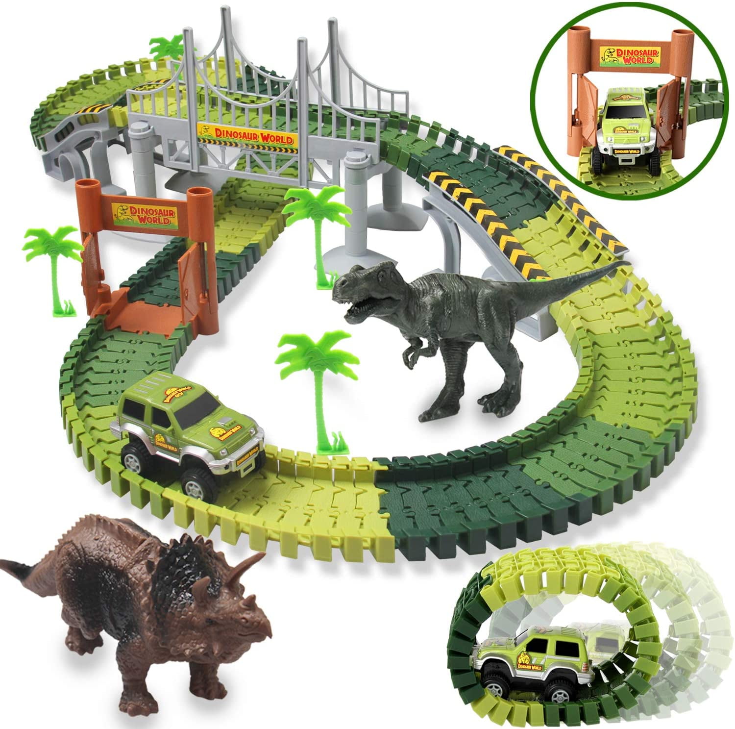 Create A Road Toy Car Play-set for 3 Years & up Dinosaur Toys for Boys Girls Toddler UPGRADED Dinosaur Race Car Track Set 142 pieces Flexible Tracks Child-Friendly Bridge Kit comes with 2 Dinosaurs